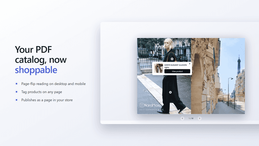 Shoppable page-flip catalog with a product card open