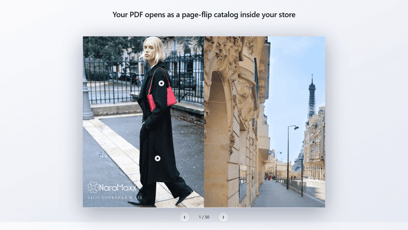 Page-flip catalog open in a store with page navigation
