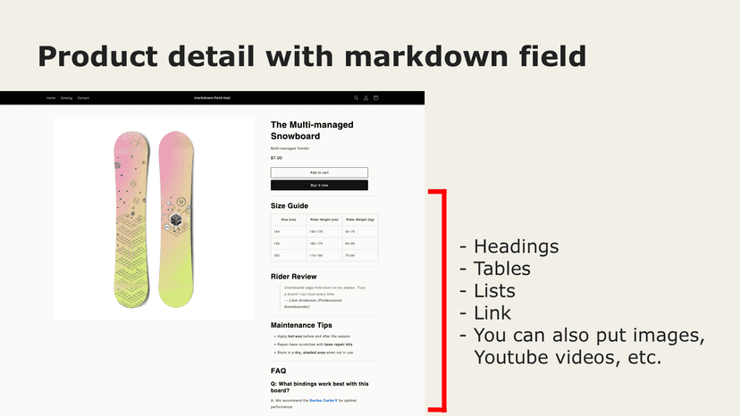 Product detail with markdown field