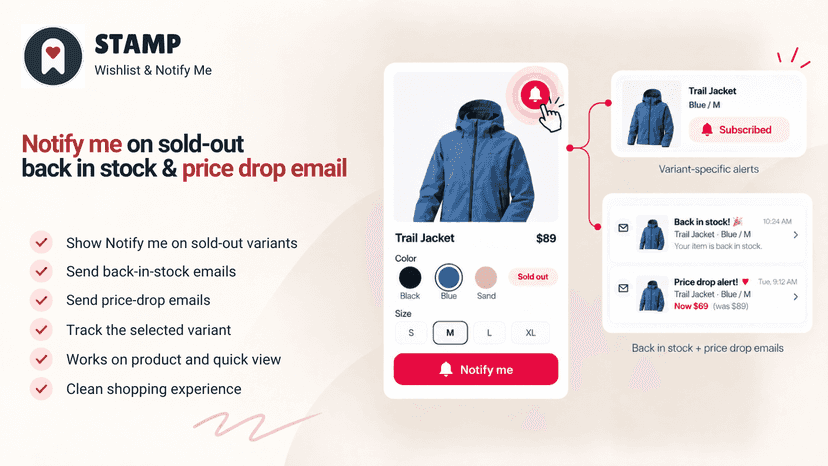 Notify me button on sold-out variants with back in stock and pri