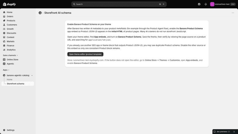 Storefront AI schema page with theme editor deep link