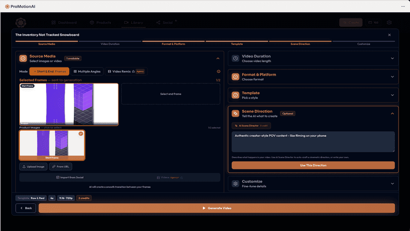 Video generation settings with template and style options