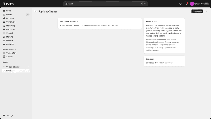 Clean scan result confirming no leftover app code in theme