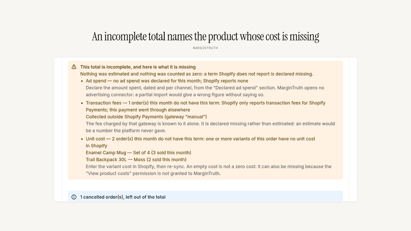 A missing unit cost shown as absent, with the product named
