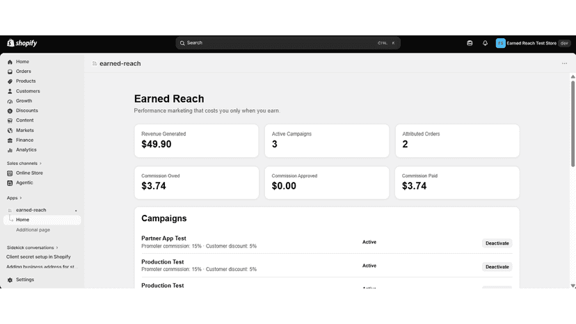 Earned Reach referral and commission dashboard