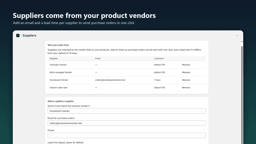 Suppliers list with email and lead time per vendor