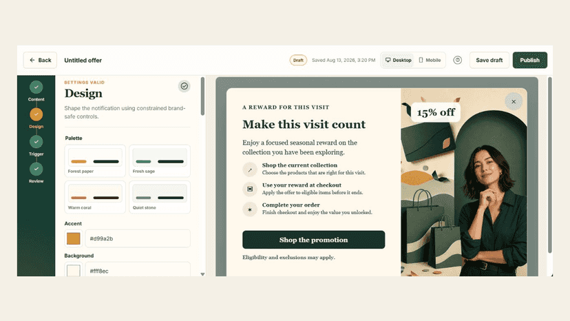 Design controls beside a responsive promotion popup preview