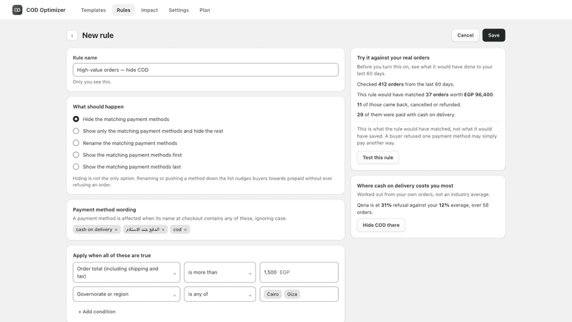Rule editor with cart total and region conditions