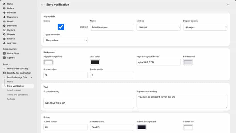 Verification settings with method and page targeting