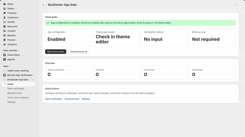 Age Gate dashboard with setup guide and event summary
