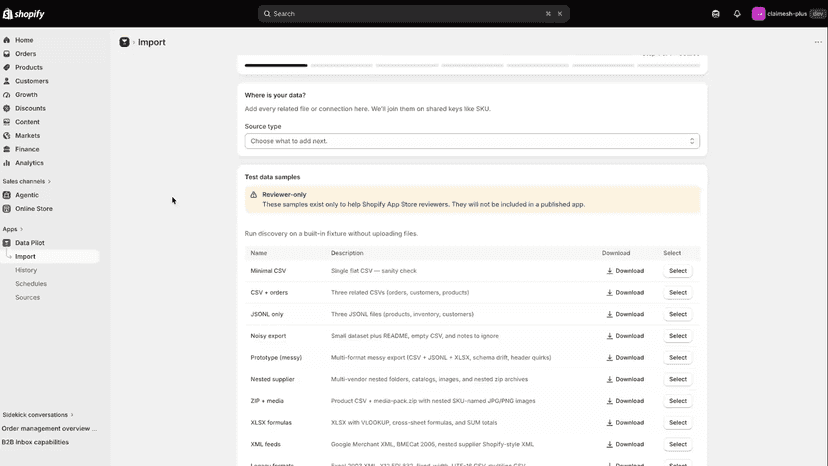 Import: files, URLs, SFTP, Sheets, or samples