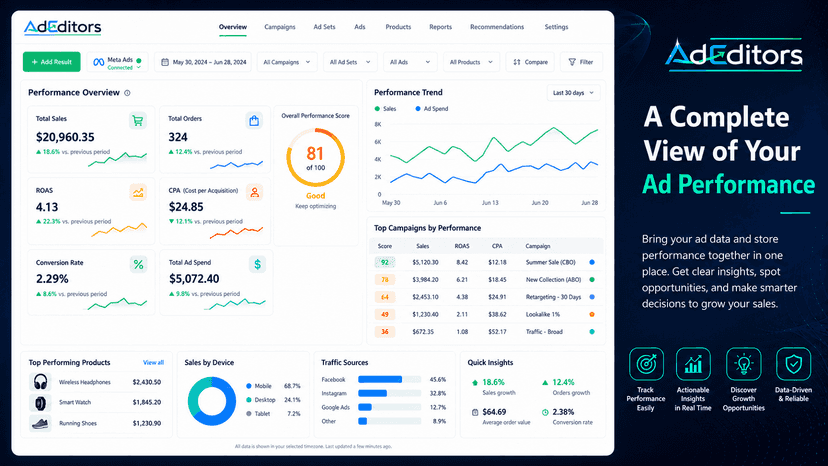 AdEditors ecommerce performance overview dashboard
