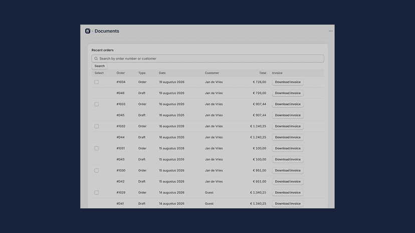Documents list showing recent orders and invoice downloads