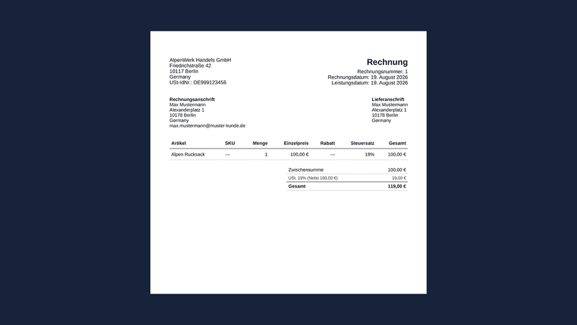 German invoice PDF with UStG fields and no app branding