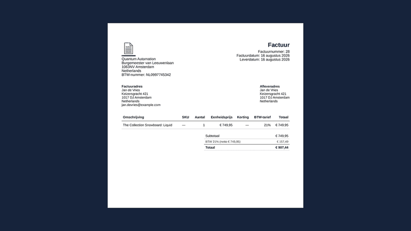 Invoice PDF with Dutch VAT labels and a merchant logo