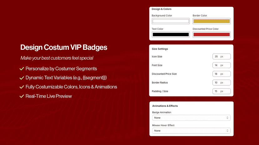 Live preview tool to design custom VIP badges for customers.