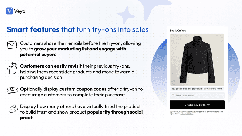 Try-on tools: Email capture, coupons & social proof