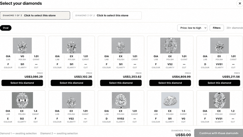 Alt text: Metal and diamond options update price in real time