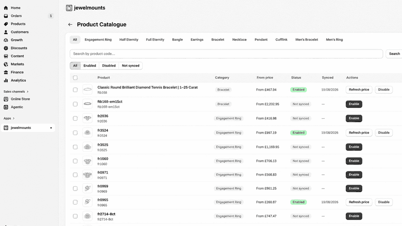 Alt text: Product catalogue in the app admin dashboard