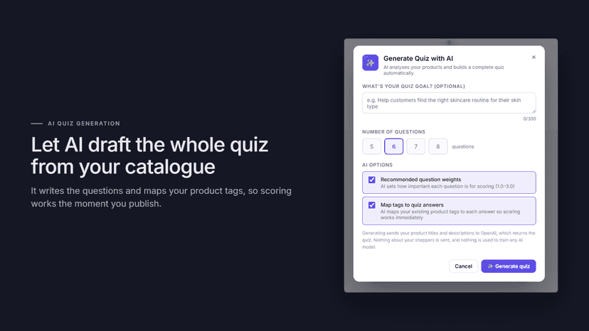 AI quiz generator builds product quiz from catalog