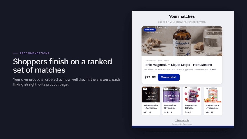 Ranked product recommendations from a Shopify quiz