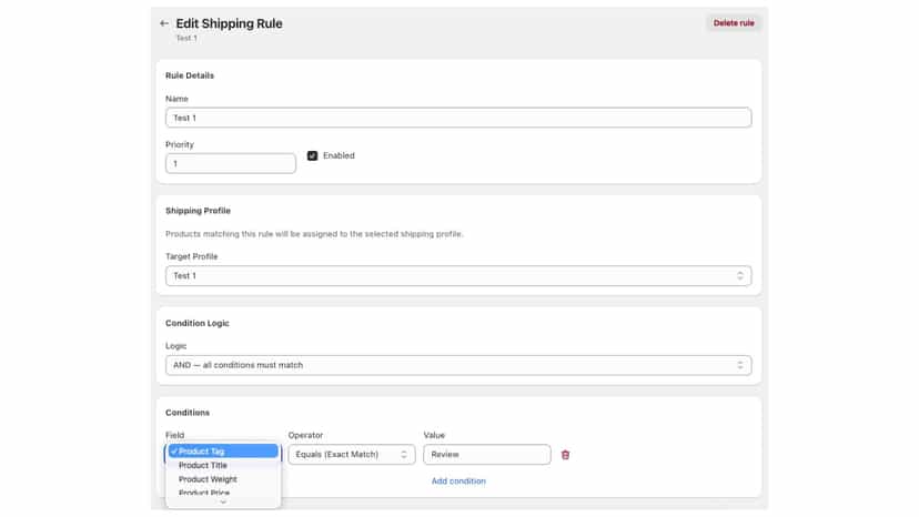 Shipping rule automator rules