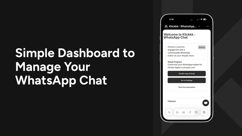 Klickkk dashboard showing WhatsApp chat setup and features