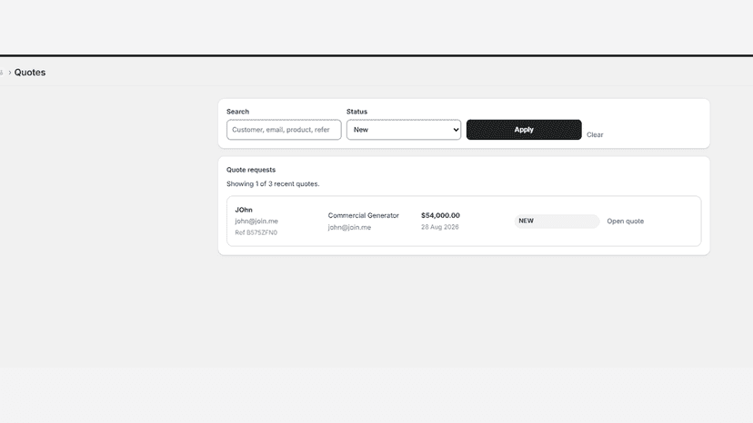 Quote dashboard showing searchable customer quote