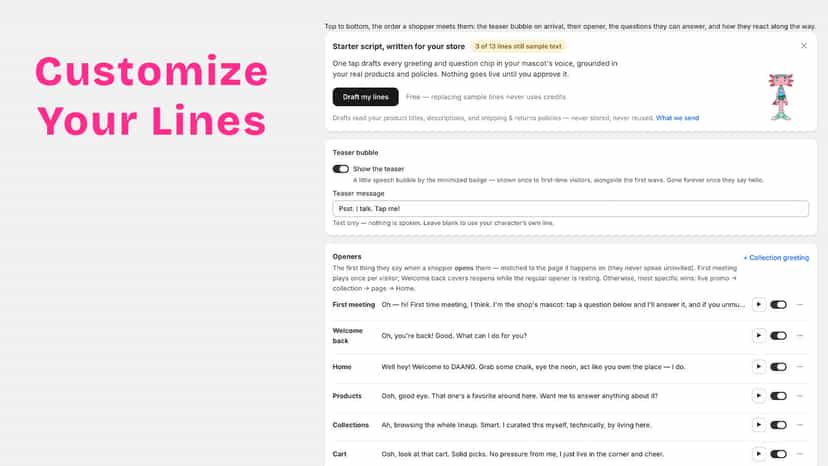 Script page: greeting lines you can edit, play, and draft