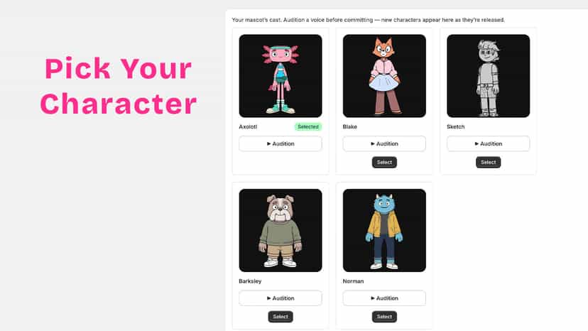 Cast of five hand-animated mascot characters to choose from