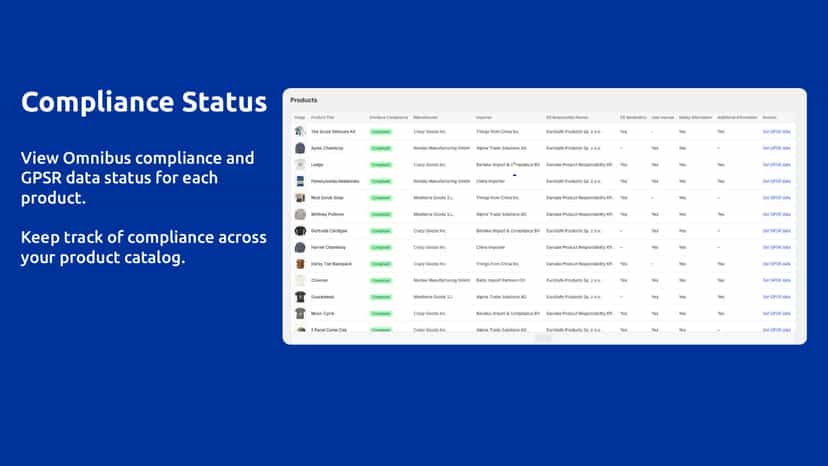 Products table with compliance status