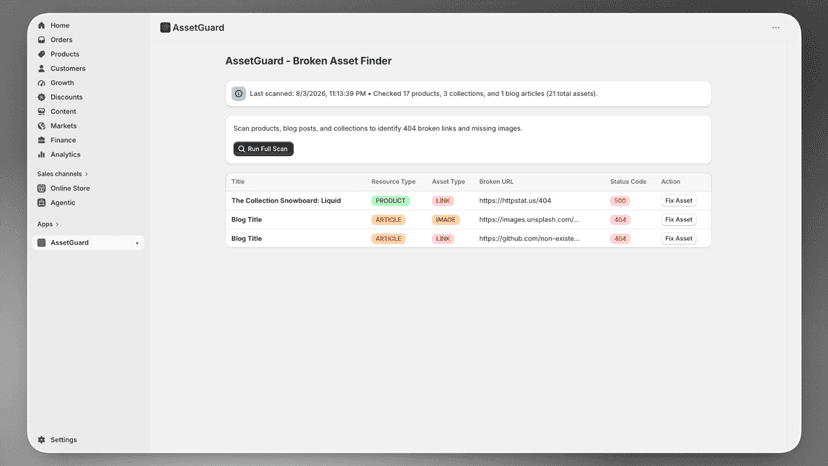 Dashboard table displaying detected broken links and status tags