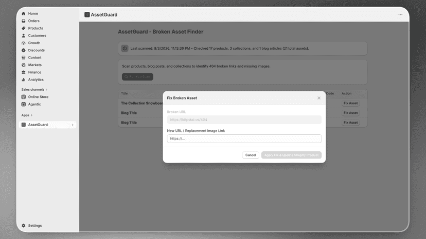 Modal window interface for fixing broken image links in real tim