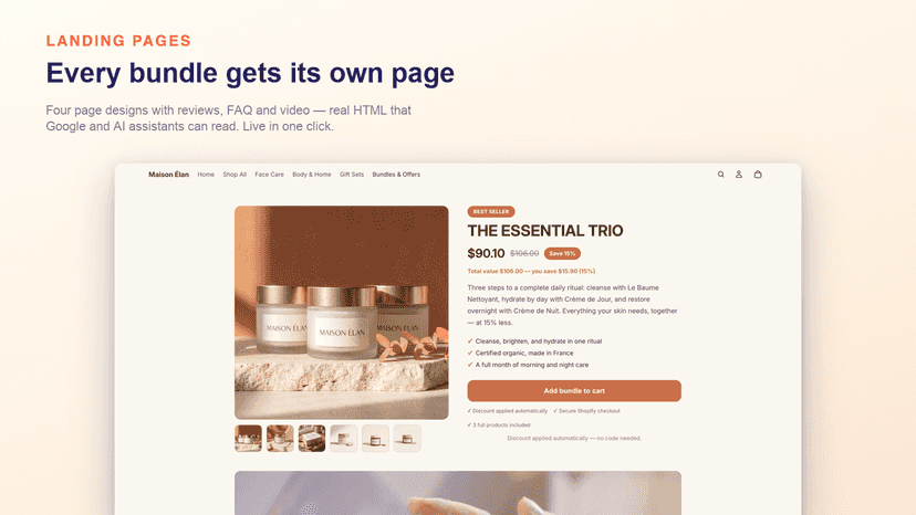 Bundle landing page with images, price and add bundle to cart
