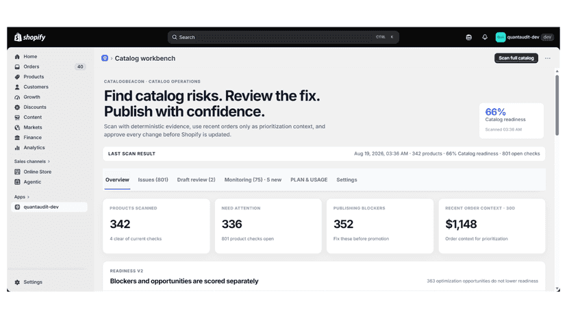 Catalog readiness overview showing scan results and safe fixes.