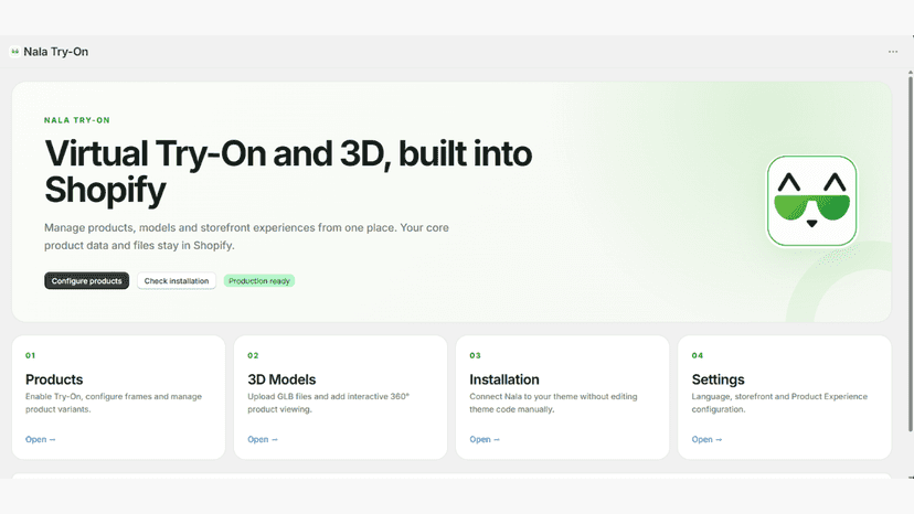 Nala Try-On dashboard for products, 3D models and settings