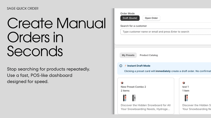 Create manual Shopify orders in seconds via dashboard