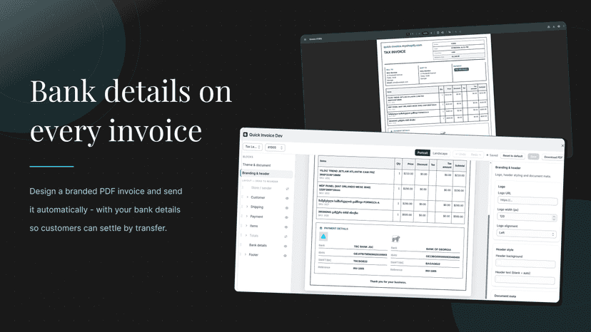 Editor and PDF invoice showing bank payment details