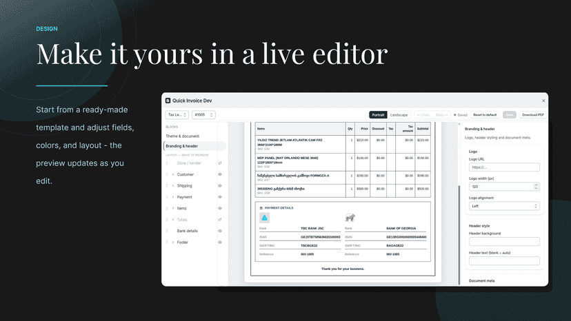 Invoice editor with fields, colors, and live preview