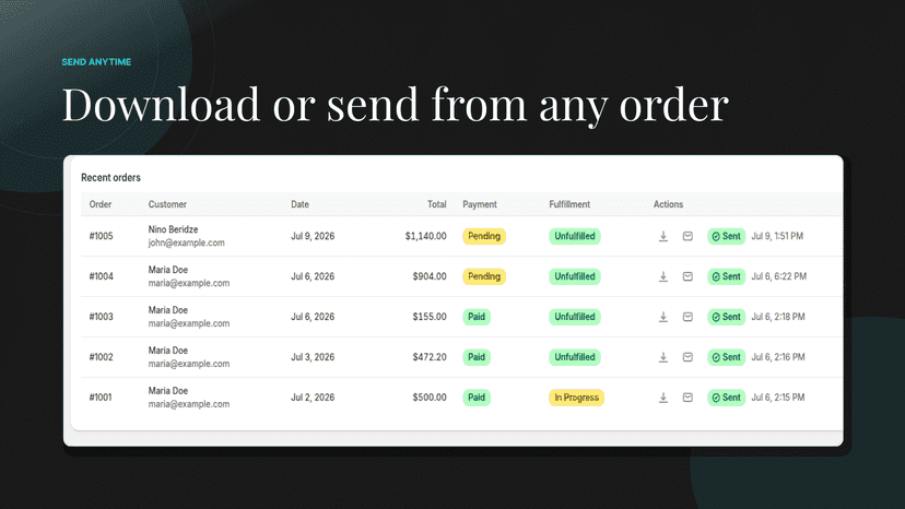 Orders list with download and send invoice actions