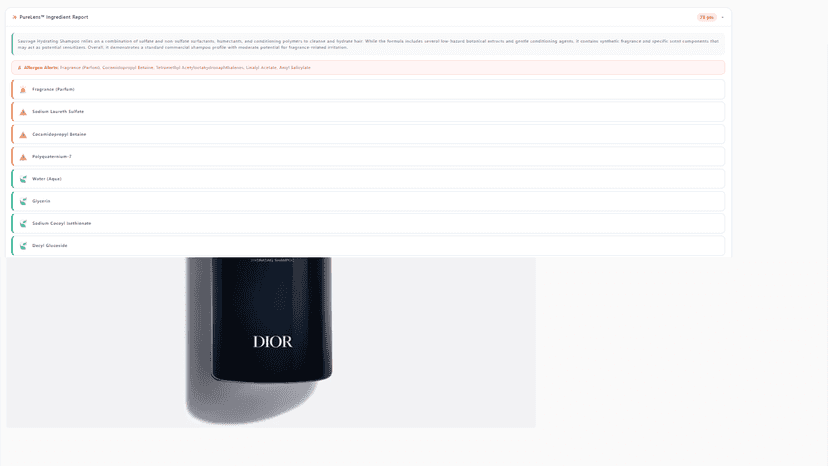 Product page showing the PureLens ingredient report
