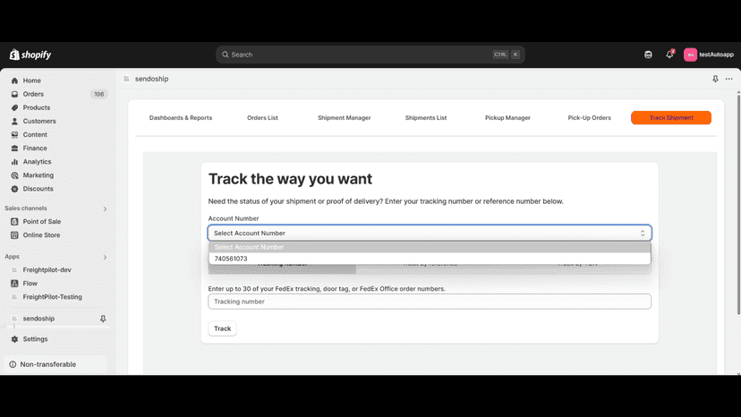 Sendoship tracking interface with account selector and inputs