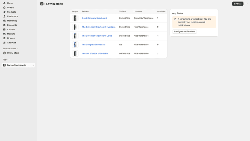 disabled view of low stock products