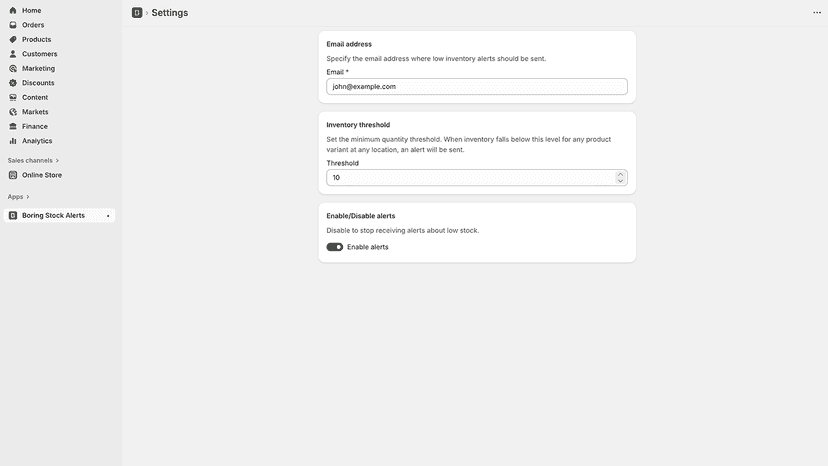 settings view for email and threshold