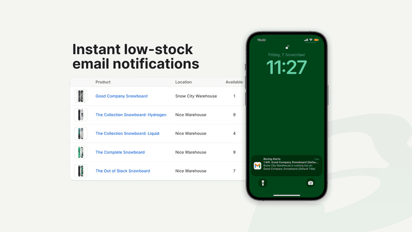 list of low in stock products next to email notification