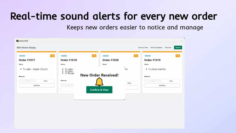 Larkis KDS showing real-time sound alert for a new order.