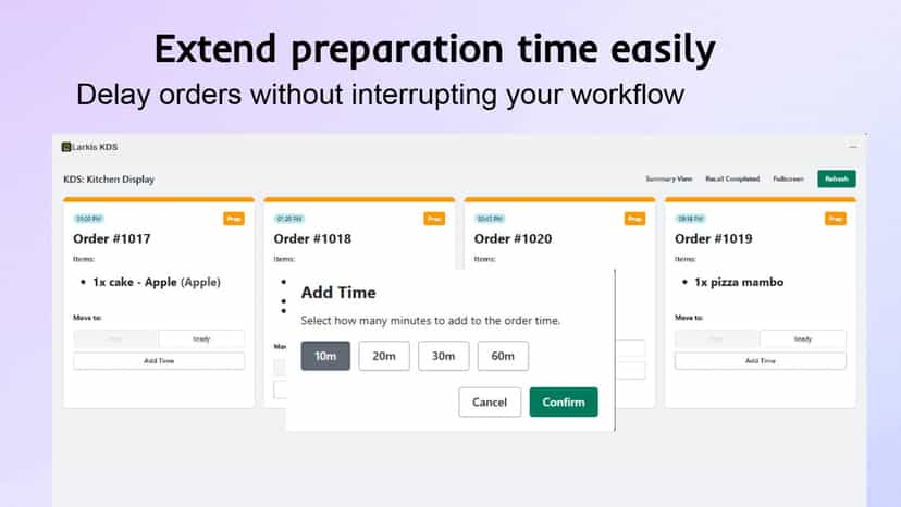 Order delay feature with Add Time options in KDS.
