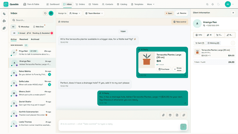 Team inbox with AI replies, product cards and live cart