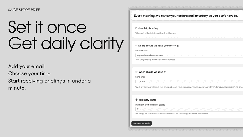 Settings page to set email, time, and alert threshold