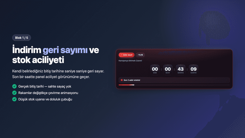 Ürün sayfasında indirim geri sayımı ve stok uyarısı